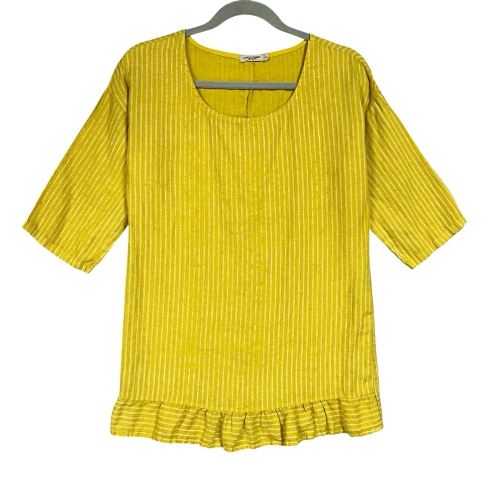 Lungo L’Arno Linen Striped Ruffle Hem Short Sleeve Boho Blouse Sz S Yellow